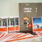 Suisse, montagnes, prospectus, dessin, rouge, Institut Français